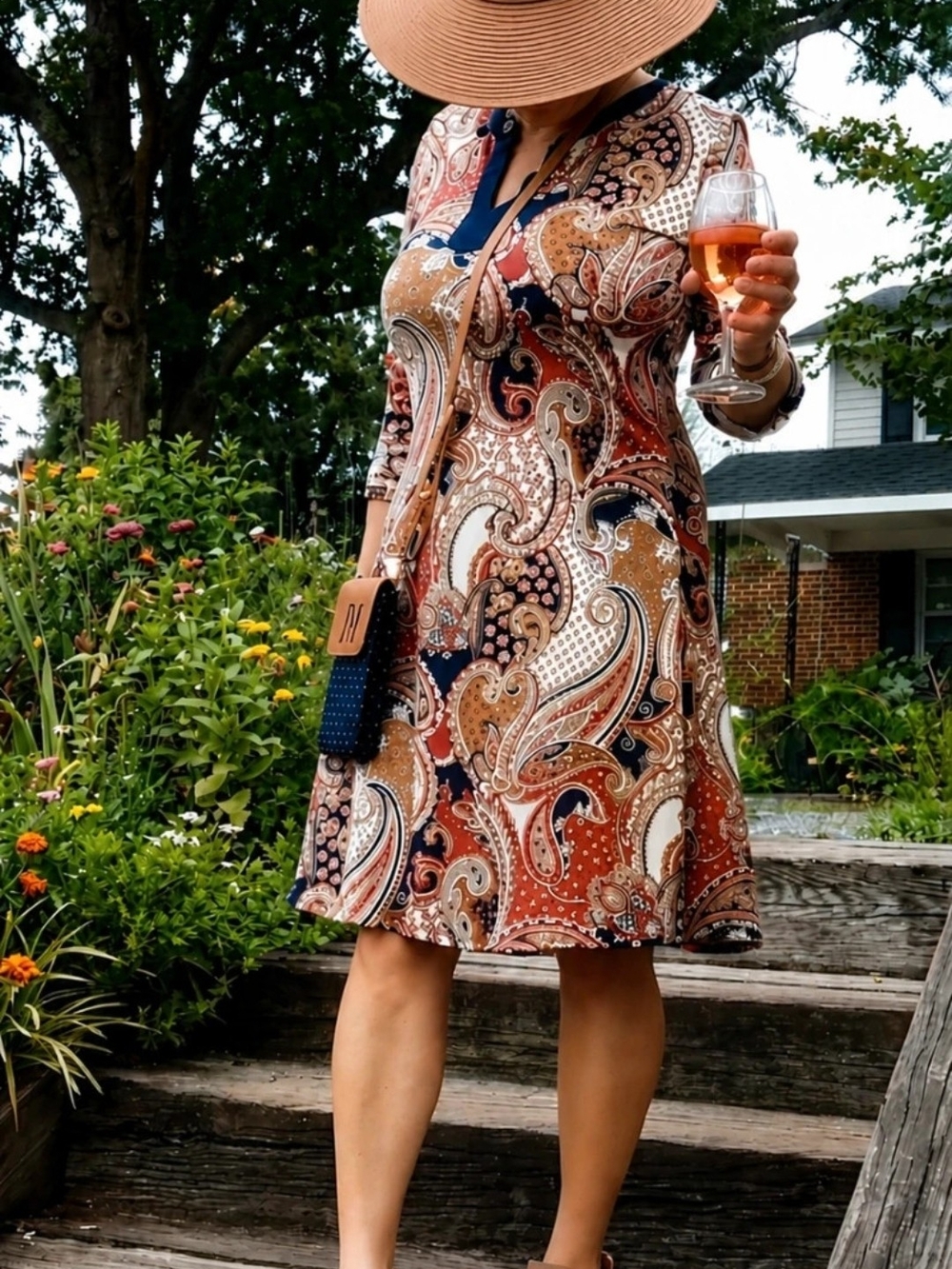 Paisley Midi Dress in Rust and Navy